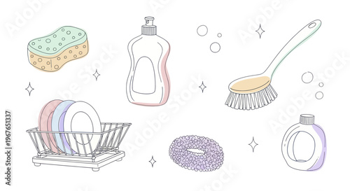 Collection of cleaning supplies and dishes for household chores.