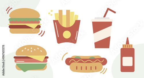 Collection of delicious fast food items including burgers hot dogs fries and soda.