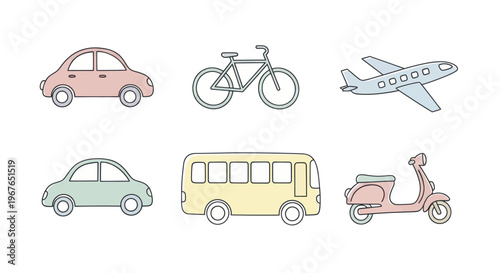 Collection of six different types of vehicles for transportation.