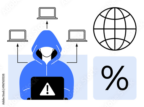 Cybersecurity, hacking, data protection, internet threats, online security, cybercrime. A hooded figure with a laptop, symbol of warning and global network icon. Cybersecurity and hacking concept