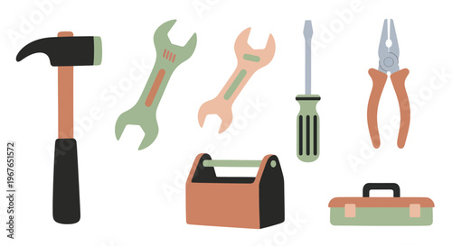 Collection of various hand tools and toolboxes for repair and construction.