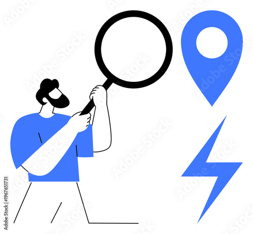 Data analysis, navigation tools, location tracking, power search, direction finding, user interface design. Man holding a magnifying glass next to location and energy icons. Data analysis