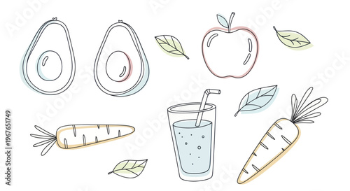 Hand drawn healthy food and drink ingredients for a fresh juice.