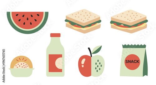 Healthy Lunchbox Items Assortment Featuring Fruits Sandwiches and Drinks.