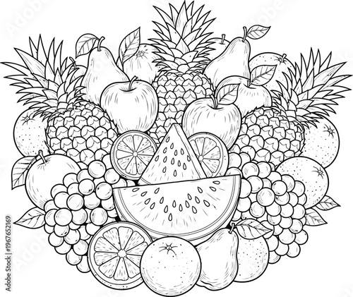 Bountiful assortment of fresh fruits in a vibrant still life arrangement