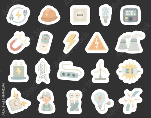 Electricity engineering set in scandinavian style featuring plug socket bulb battery magnet generator turbine tower panel hazard worker wiring equipment