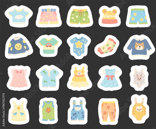 Childrens clothing set in scandinavian style showing wardrobe apparel for babies and toddlers with dresses shirts shorts sweaters bodysuits overalls pants and winter hat