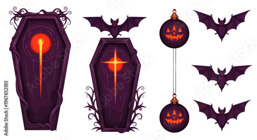 Halloween coffin, bats, and pumpkin ornaments vector illustration