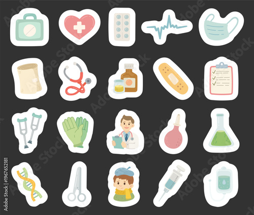 Clinic set in scandinavian style presenting medical equipment and healthcare tools for diagnosis treatment patient care emergency support laboratory research genetics and hygiene