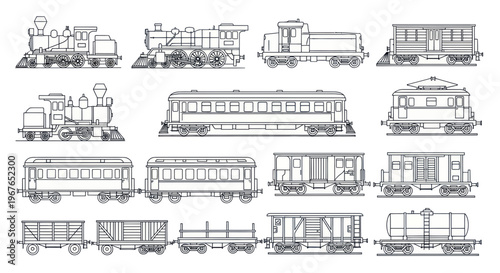 Vintage Train Collection: Old Locomotives and Carriages Line Art