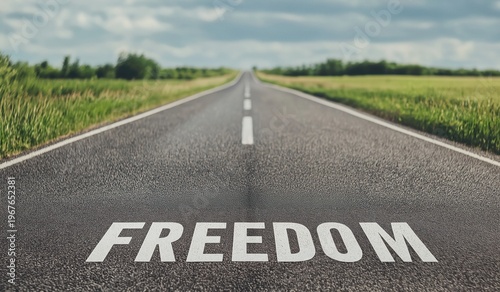 Asphalt road with FREEDOM text painted, stretching towards a distant horizon, symbolizing choice, journey, and aspiration