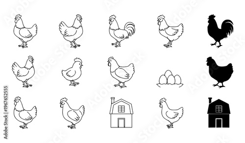 Chicken outline and silhouette icon set minimal poultry farm animal vector collection isolated on white background