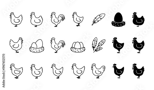 Minimal chicken icons outline and silhouette poultry farm animal vector set isolated on white background