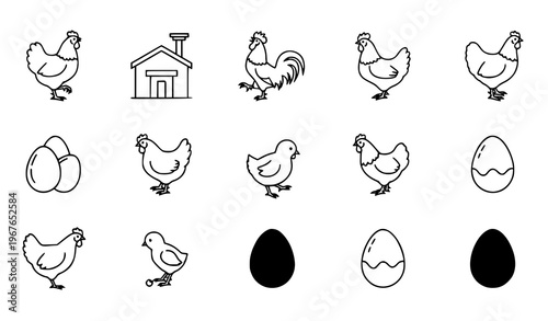 Modern chicken icon collection outline and silhouette poultry farm vector icons isolated on white background