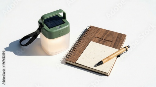 Wallpaper Mural Solar lantern beside wooden notebook and pen on clean white background Torontodigital.ca