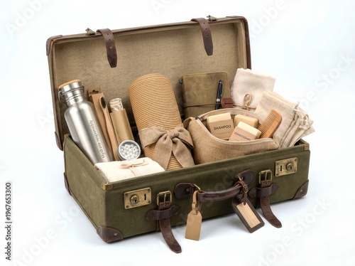 Wallpaper Mural Suitcase with sustainable travel essentials arranged for eco friendly packing Torontodigital.ca