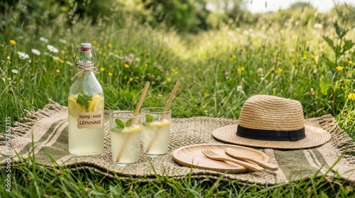 Wallpaper Mural Homemade lemonade and glasses arranged on picnic mat with straw hat nearby Torontodigital.ca