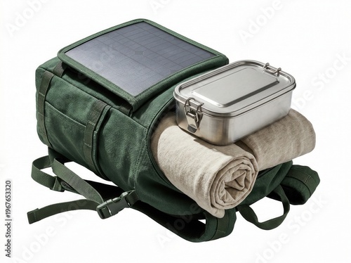 Wallpaper Mural Backpack with solar panel and camping gear neatly arranged for outdoor use Torontodigital.ca