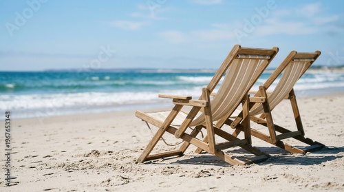 Wallpaper Mural Wooden deck chairs on sunlit sandy beach with calm ocean and blue sky horizon Torontodigital.ca