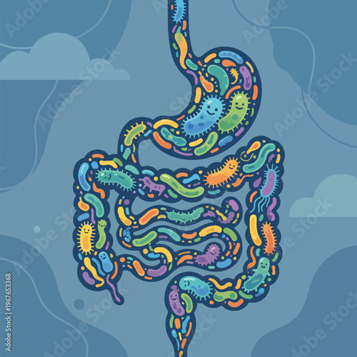 Gut health microbiome concept, abstract bacteria shapes forming human digestive system, colorful organic vector style, modern minimal illustration, no text.eps
