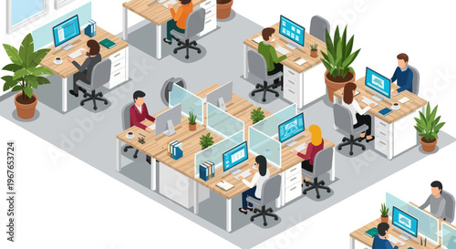 Isometric View of a Modern Open-Plan Office with Diverse Employees Working at Desks.