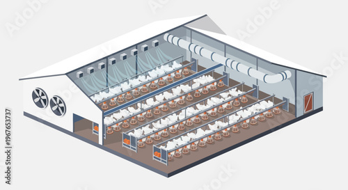 Isometric view of a modern poultry farm interior with rows of chickens.