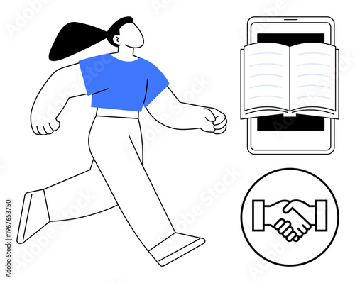 Education concept. Education ed through digital learning with an ebook on a smartphone, collaboration by a handshake. Education for online learning, teamwork, business, career development