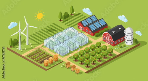 Isometric view of a modern sustainable farm with various agricultural elements.
