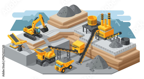 Isometric View of a Quarry and Mining Operation with Heavy Machinery.