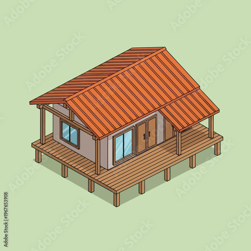 Isometric view of a traditional wooden house on stilts with a tiled roof.