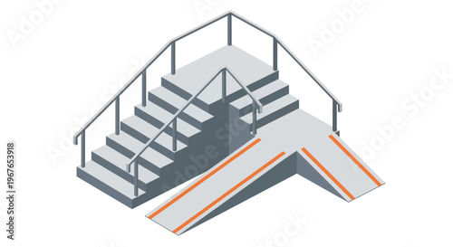 Isometric View of Accessible Staircase and Ramp Design for Public Spaces.