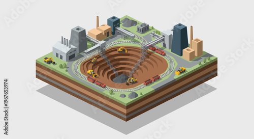 Isometric View of an Open Pit Mine with Industrial Buildings and Heavy Machinery.