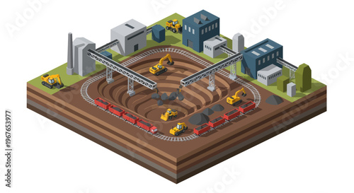 Isometric View of an Open Pit Mine with Heavy Machinery and Industrial Buildings.