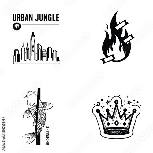 Vector graphic elements set: urban city skyline, burning flame, koi fish, and royal crown