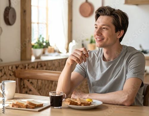 Young Man Enjoying a Relaxed Breakfast at Home, Smiling and Looking Out the Window.