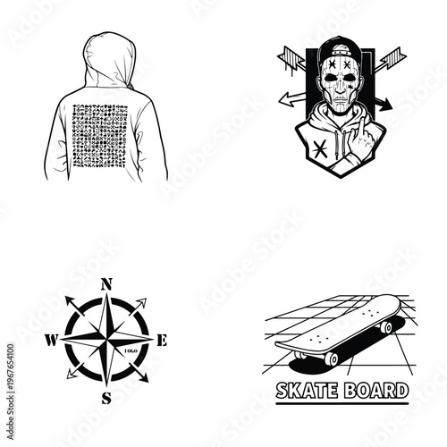 Street culture and skateboard vector illustrations set with hip hop