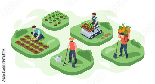 Isometric view of the agricultural process from planting to harvesting.