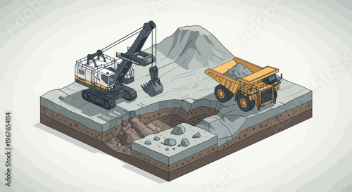 Isometric View of Open-Pit Mining Operation with Excavator and Dump Truck.