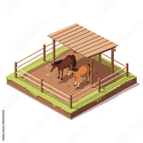 Isometric View of Two Horses in a Wooden Paddock with Shelter.