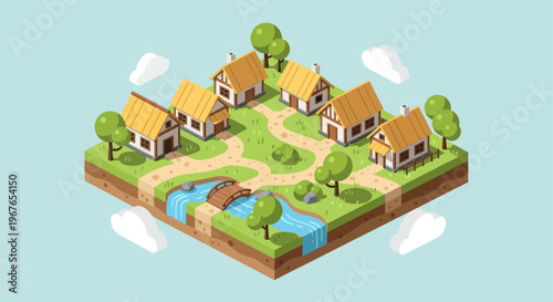 Isometric Village Scene with Houses and River.