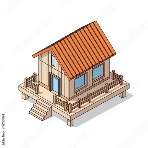 Isometric Wooden Cabin on Stilts with Orange Roof.