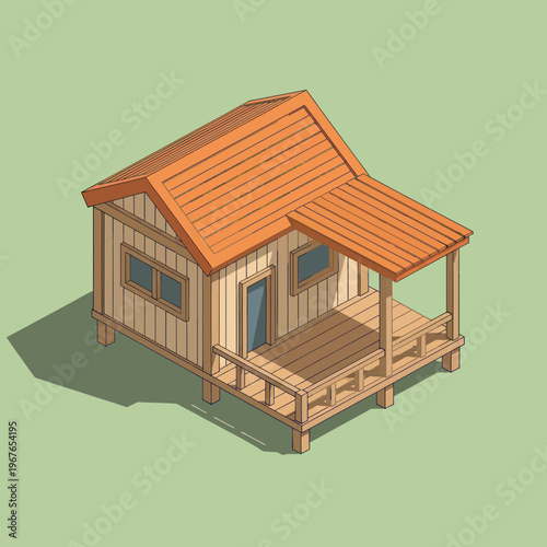 Isometric wooden cabin with porch and pitched roof.