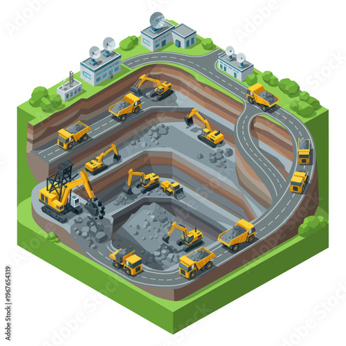 Mining Operation with Excavators and Trucks in a Quarry.