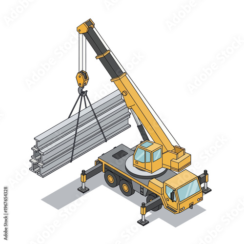 Mobile crane lifting steel beams at construction site isometric view.