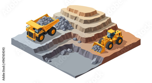 Mining operation with heavy machinery and extracted materials.