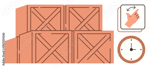 Supply chain, inventory management, logistics workflow, storage efficiency, warehouse operations, time tracking. Wooden crates stacked in an organized pattern with a clock and hand gesture symbol