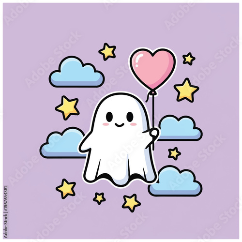 Cute cartoon ghost with heart balloon.