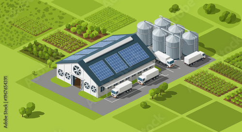 Modern Agricultural Farm Building with Solar Panels and Silos.