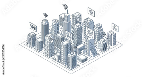 Modern Cityscape Isometric View with Futuristic Elements.