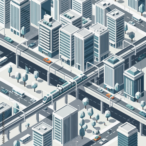 Modern Cityscape with Elevated Train and Buildings.